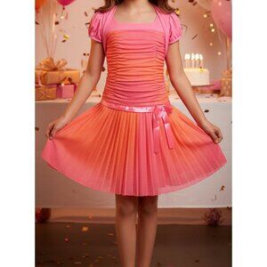 Girls 12 Orange Pink Low Waist Belt Shrug Fairy Glitter Full Pleated Party Dress